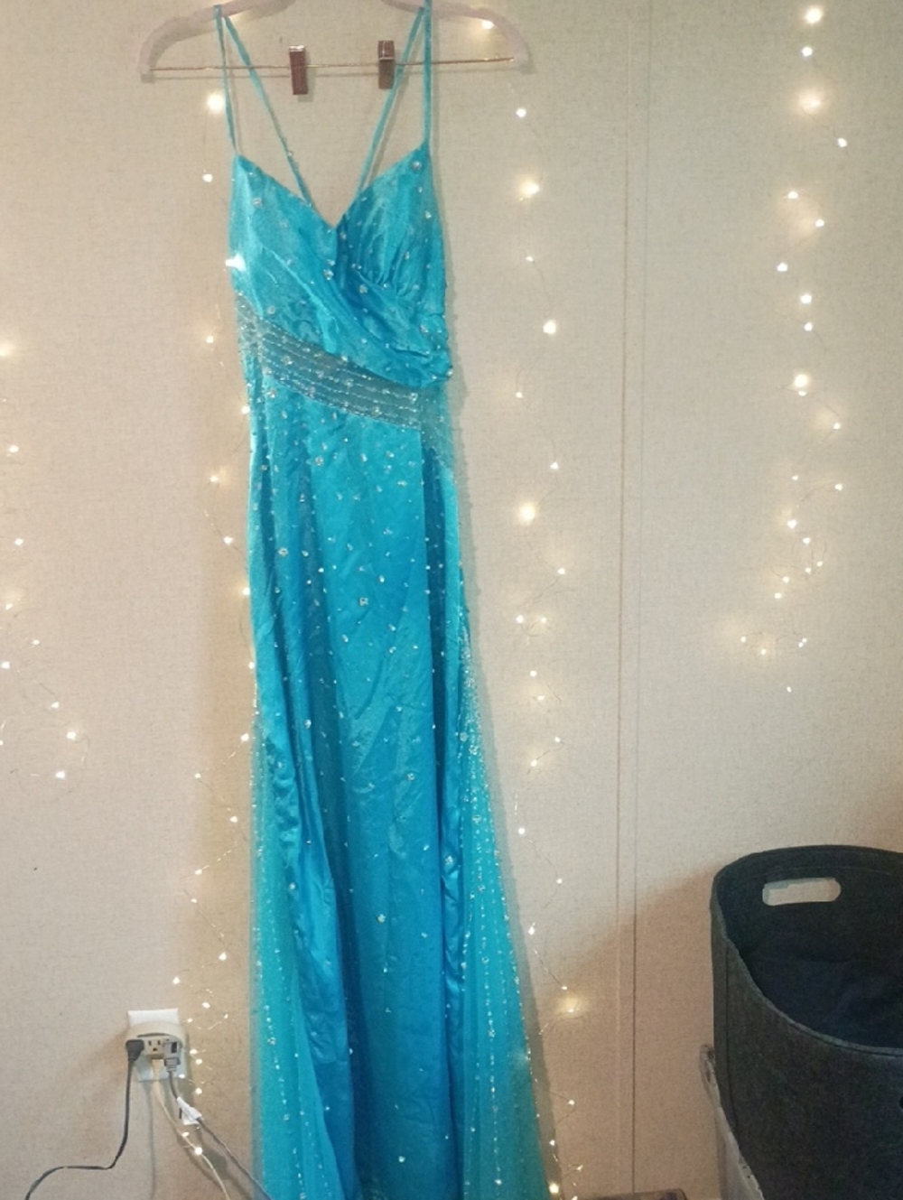 Precious Formals Teal Blue Beaded Spaghetti Strap Prom Dress